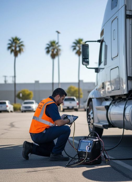 Mobile Carb Clean Truck Check Pros technician testing trucks at the yard