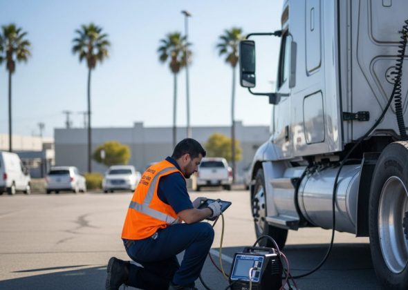 Mobile Carb Clean Truck Check Pros technician testing trucks at the yard